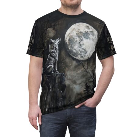 Dark, moody forest with a stark full moon and a wolf perched on a stump across this tee.