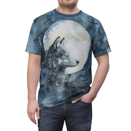 Grey and blue watercolor textures cover this oversized full print tee, depicting a wolf's profile against a large moon and dark forest.