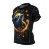 Celestial wolf graphic all over print sublimation tee featuring a vibrant moon and starry night.