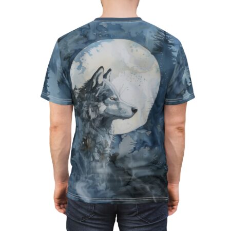 Deep blues and grays with abstract watercolor textures and pine trees cover this all over print t-shirt, depicting a wolf's profile against a large, hazy moon.