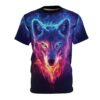 Vibrant blues, reds, and purples swirl around a fierce wolf's head, with glowing eyes and fiery mane.