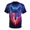 Crewneck t-shirt featuring a vibrant wolf face surrounded by blue and pink fire effects.