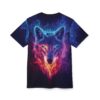 A dark t-shirt showcases a striking wolf face engulfed in vibrant blue and red flames and smoke.