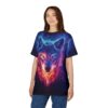 Fiery reds, oranges, and blues form a striking wolf head surrounded by cosmic smoke on this sublimation graphic tee.