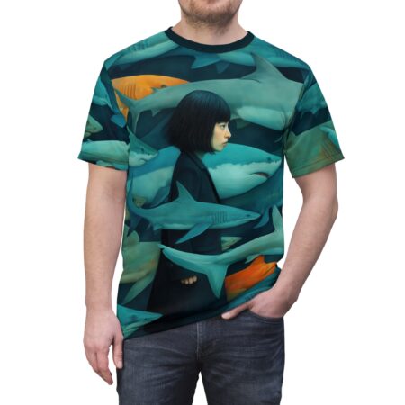 All over print sublimation tee featuring a woman in a black jacket amidst a school of blue and orange sharks.