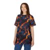 A woman wearing a t-shirt featuring a glowing molten lava and volcanic rock pattern.