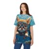 Vibrant blues and greens cover this 3D graphic t-shirt, with a cute dog in scuba gear surrounded by coral and fish.