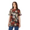 White flowers and red berries on a red background cover this 3D graphic t-shirt, with green leaves and dark branches.
