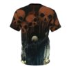 Orange skulls with dripping effects and a cloaked figure in a dark, moody scene cover this seamless pattern tee.