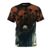 Orange and black skulls with dripping effects cover this all over print apparel, depicting a cloaked figure reaching out towards them.