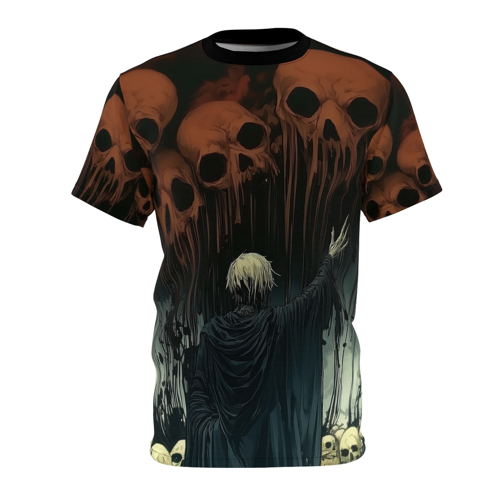 Orange and black skulls with dripping effects cover this all over print apparel, depicting a cloaked figure reaching out towards them.