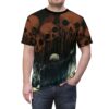 Orange and black skulls with dripping effects cover this all over print apparel, featuring a cloaked figure reaching upwards amidst a desolate, skeletal landscape.