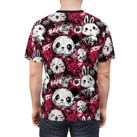 Y2K graphic all over print sublimation tee featuring distressed panda, bunny, and anime character designs with Japanese text.