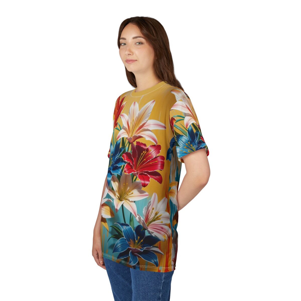 Yellow all over print sublimation tee featuring bold red, white, and blue lily floral graphics with vertical stripes.