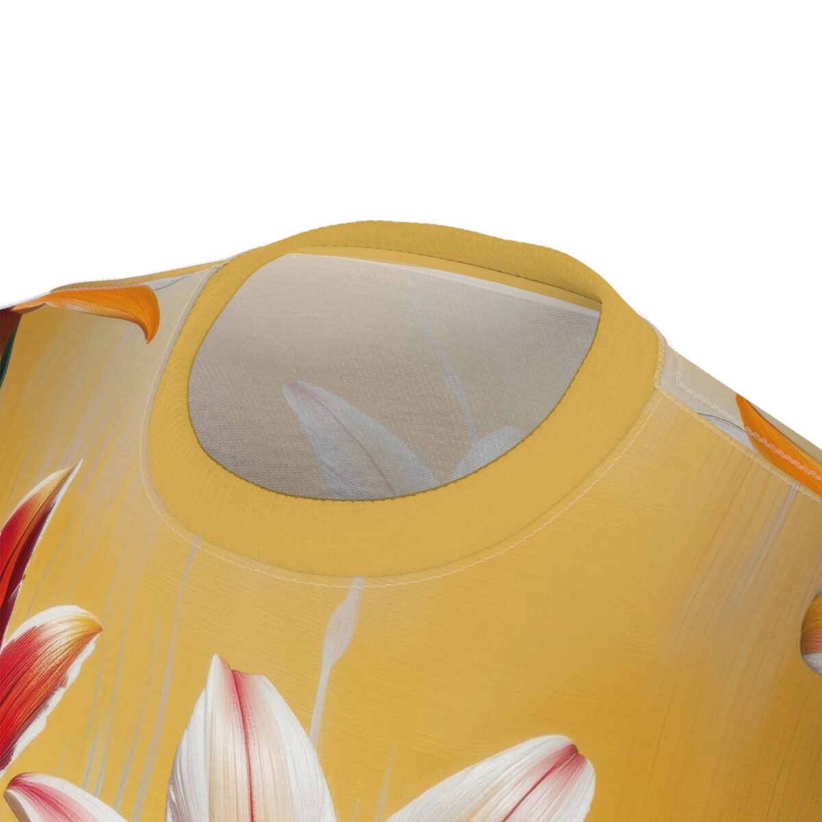 Yellow sublimation tee with a vibrant all over print of red and white lilies. Features a seamless wrap around graphic.