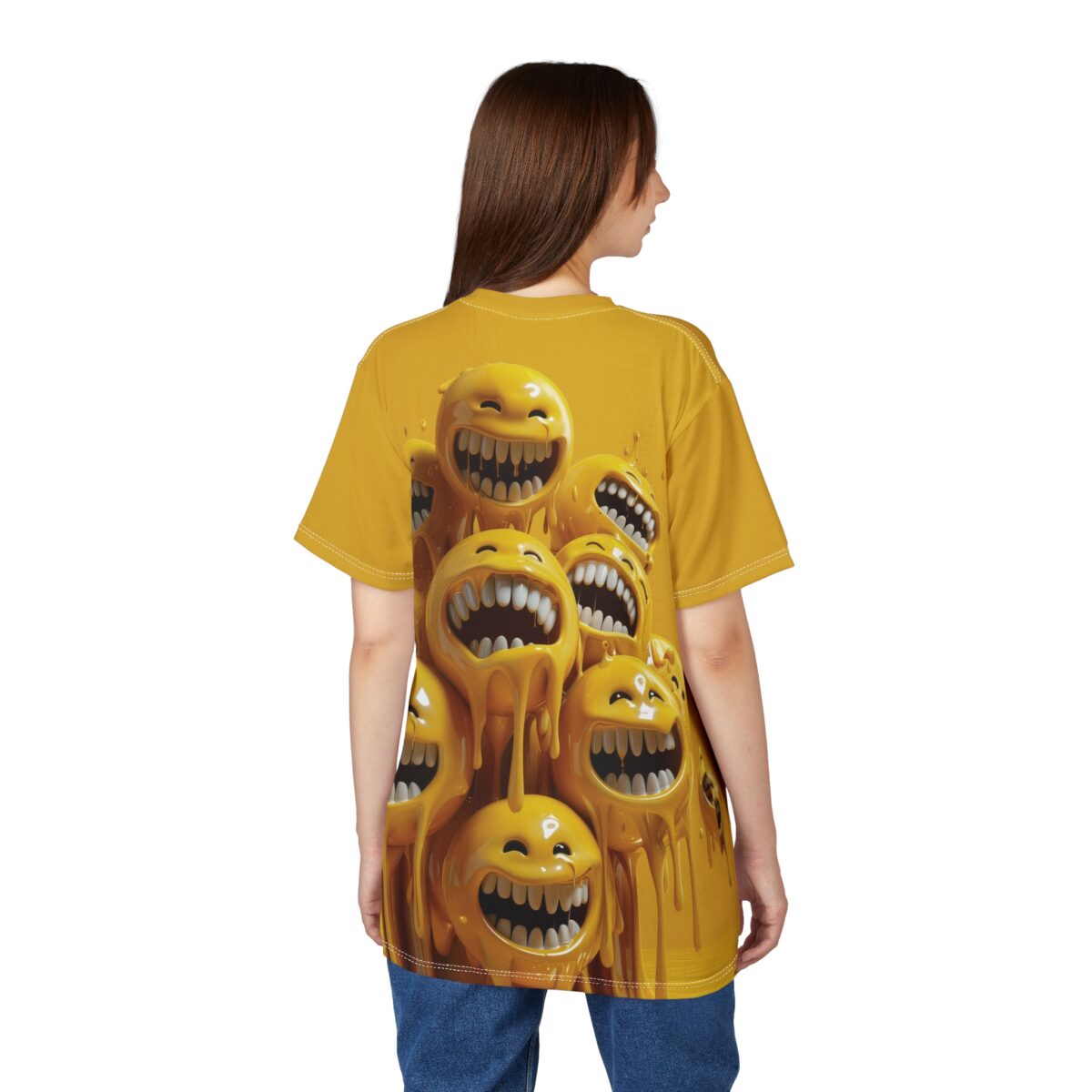 Yellow dripping smiley faces cover this graphic streetwear tee, with exaggerated grins and melted textures.