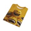 Yellow glossy smiley faces with wide grins and dripping details cover this full print shirt, set against a warm yellow background.