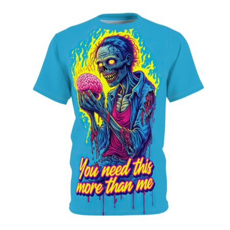 Yellow flames and neon pink text cover this seamless pattern tee, showing a zombie holding a brain.