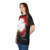 Zombie screaming under a full moon with abstract red and black design, all over print sublimation tee.