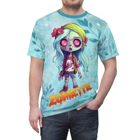 Light blue watercolor patterns with dark teal leaves cover this seamless pattern tee, featuring a cute zombie girl in the center.