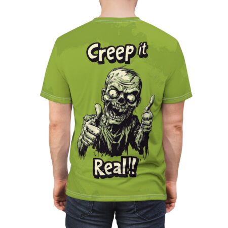 Black and white zombie illustration with thumbs up on a distressed green background.