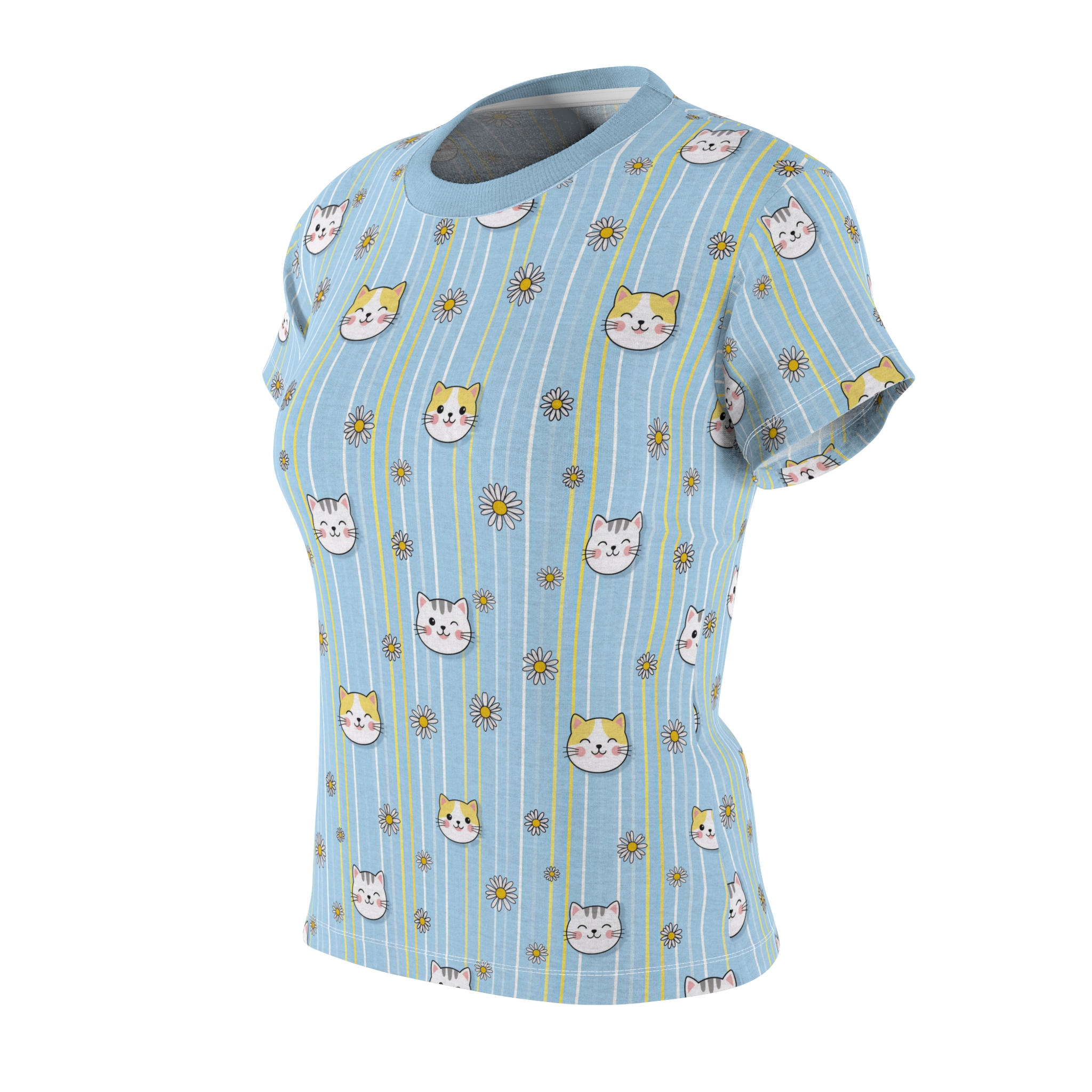 Cute Cat Face Floral Stripe Women's Tee — Light Blue All-Over Print