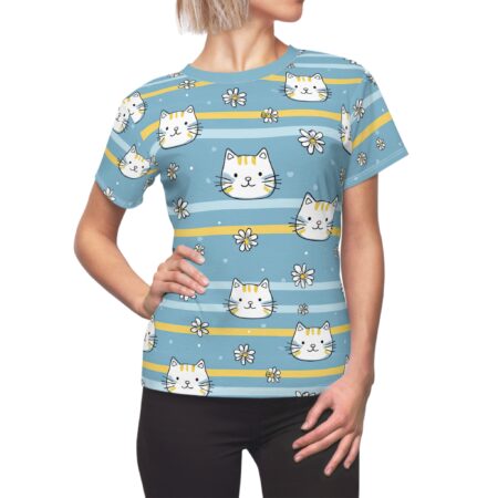 Cute Blue Cat Stripe Tee — Women's All-Over Print Cat & Daisy Shirt