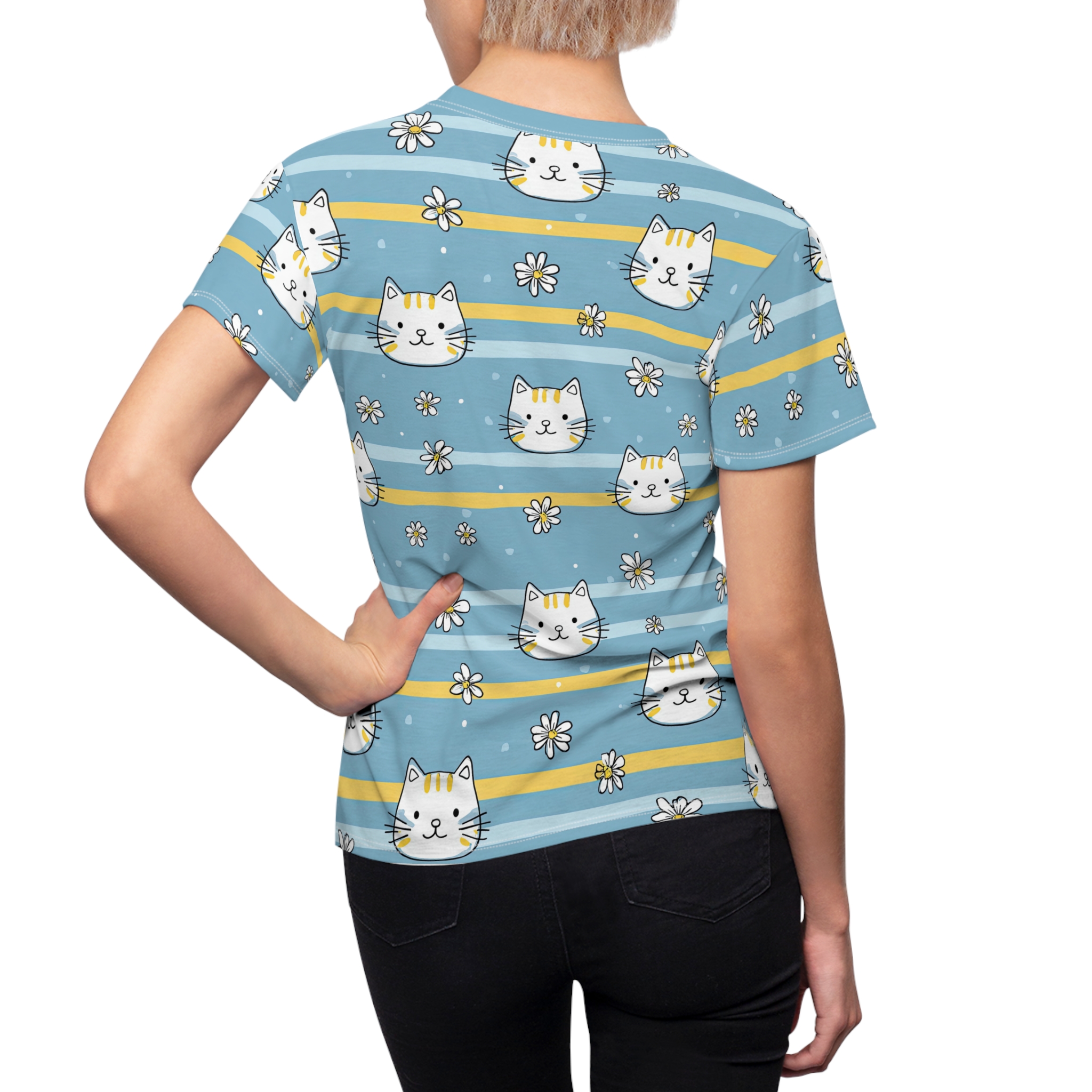 Cute Blue Cat Stripe Tee — Women's All-Over Print Cat & Daisy Shirt