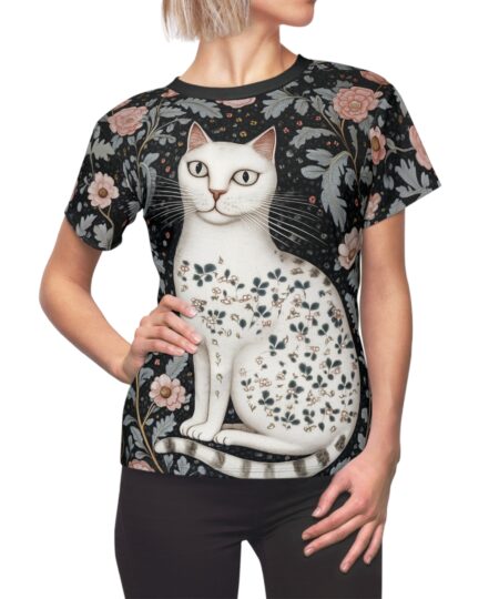 Floral Cat Women's Tee – Elegant Cat Art Top for Animal Lovers