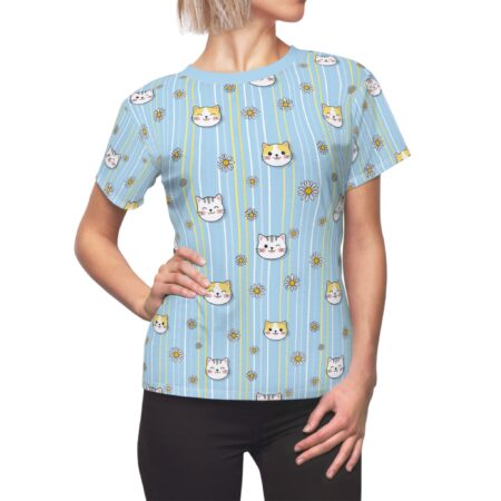Cute Cat Face Floral Stripe Women's Tee — Light Blue All-Over Print