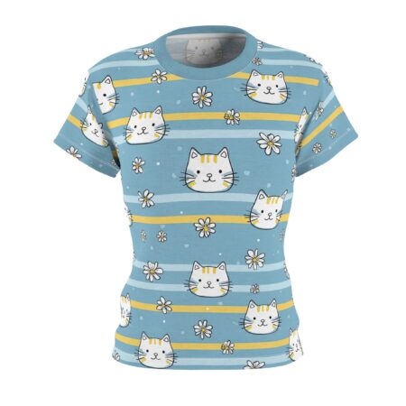 Cute Blue Cat Stripe Tee — Women's All-Over Print Cat & Daisy Shirt