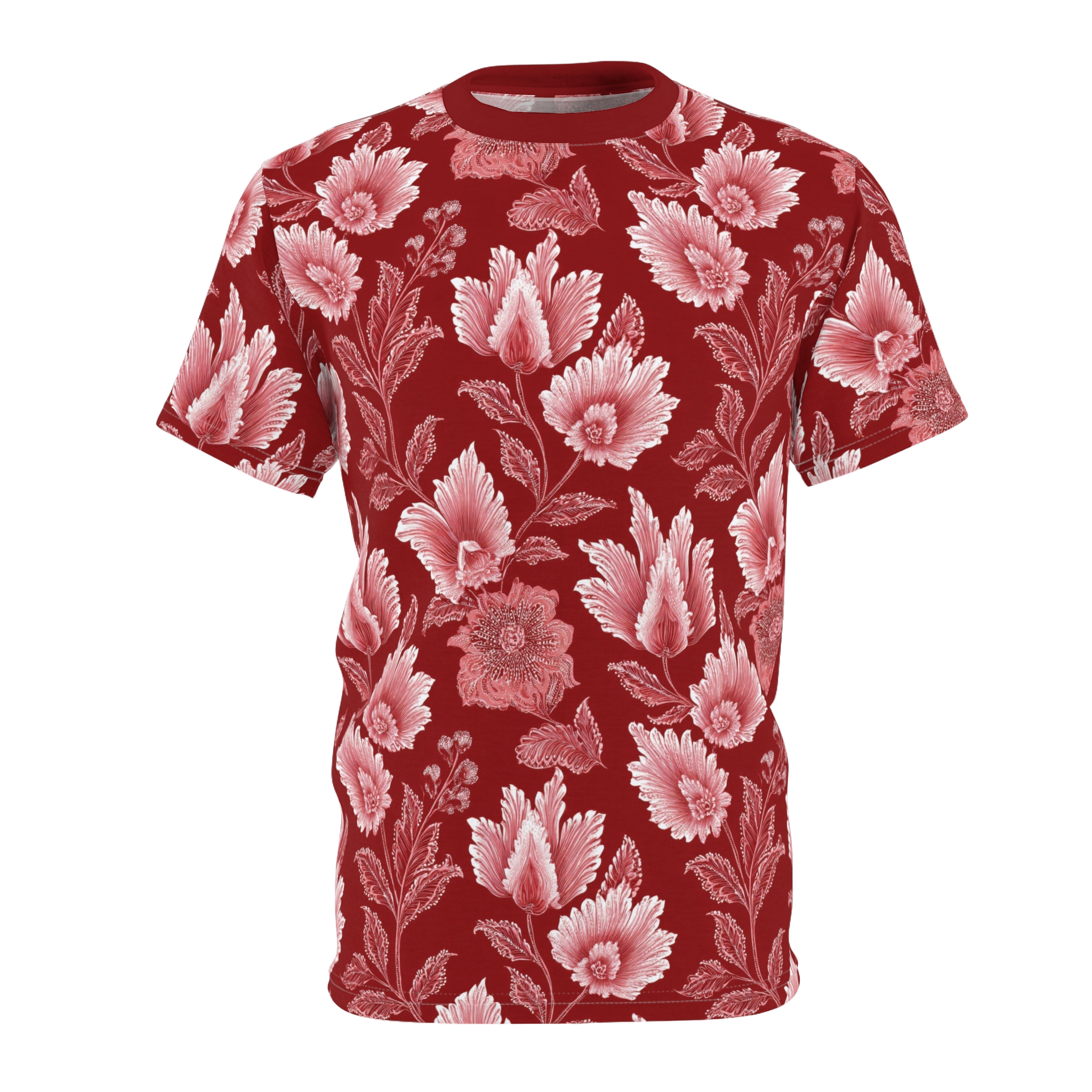 Red and white vintage rose patterns cover this sublimation graphic tee for a detailed look.