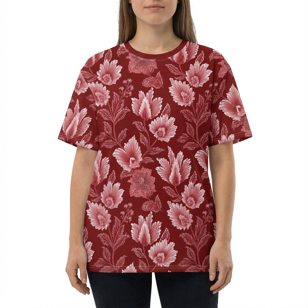 Red and pink floral patterns cover this sublimation graphic tee for a vintage vibe.