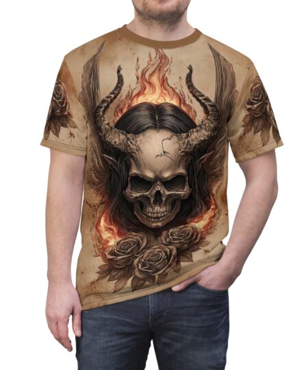 Flaming Horned Skull Tee — Gothic Skull & Roses Graphic T‑Shirt