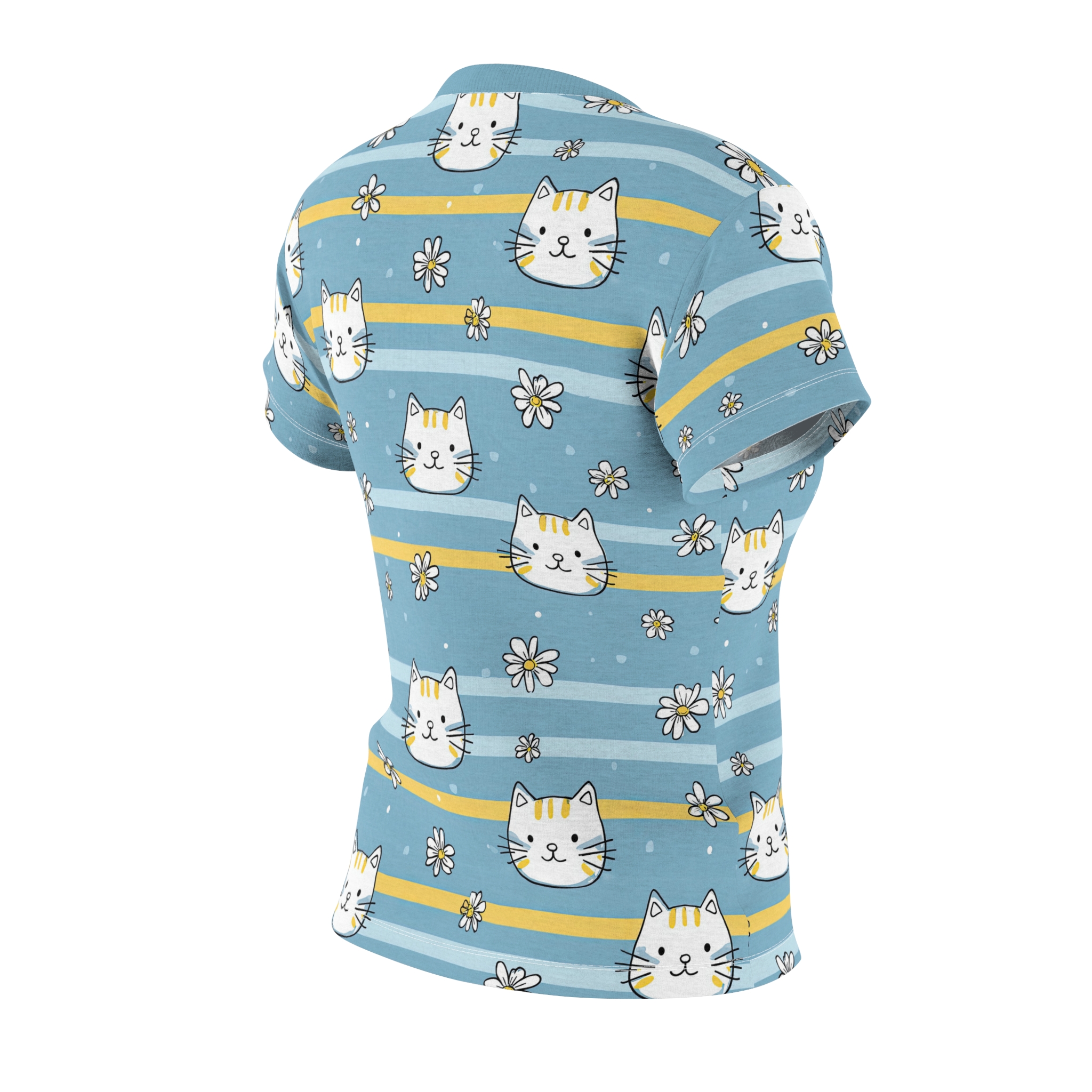 Cute Blue Cat Stripe Tee — Women's All-Over Print Cat & Daisy Shirt