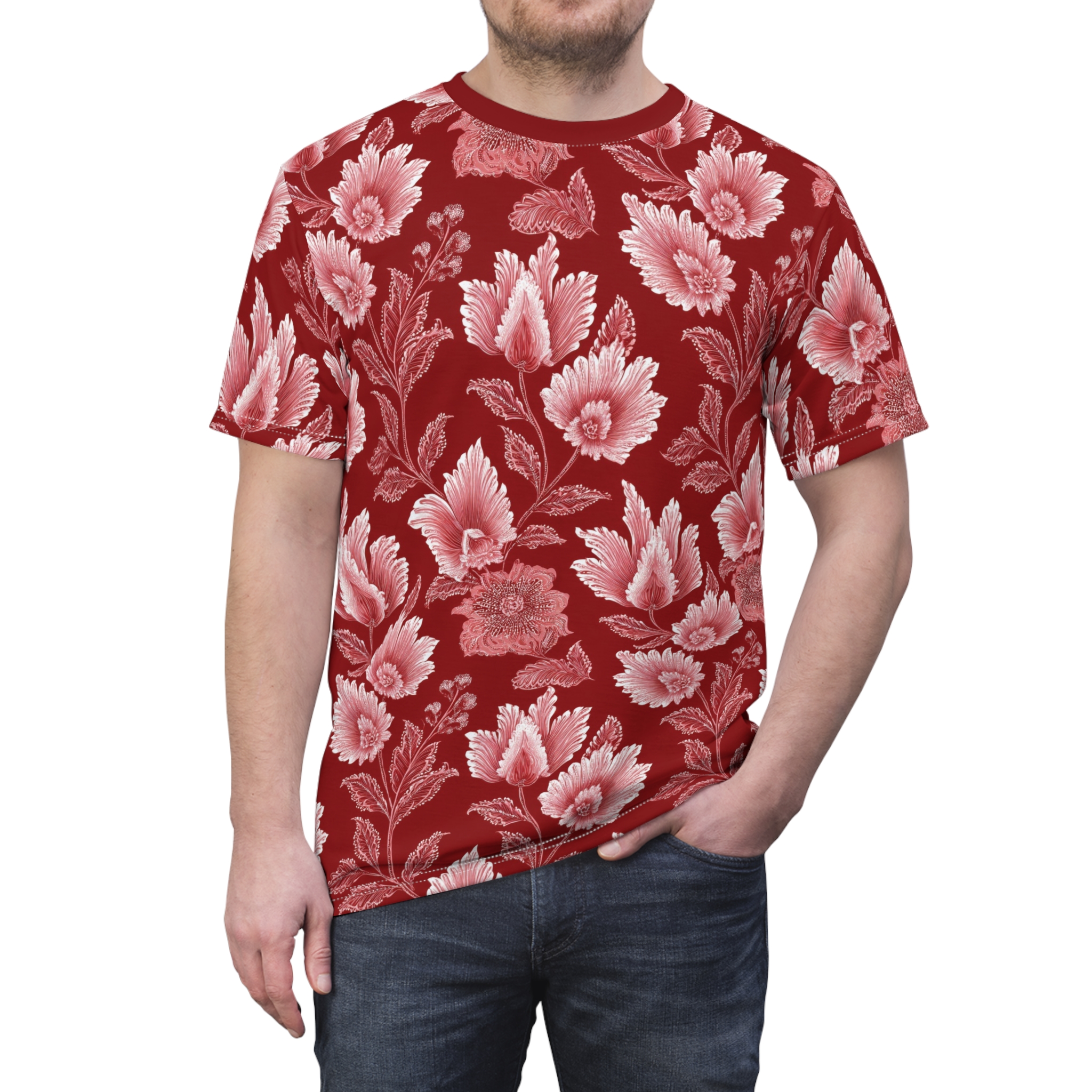 Red t-shirt with detailed white and pink vintage rose patterns covering it.