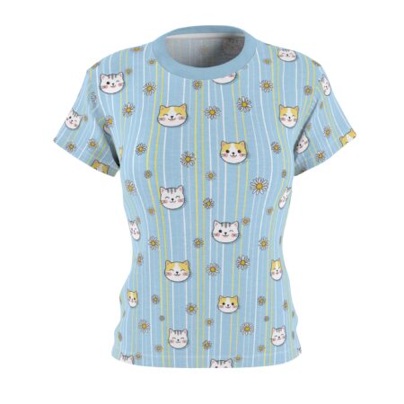 Cute Cat Face Floral Stripe Women's Tee — Light Blue All-Over Print