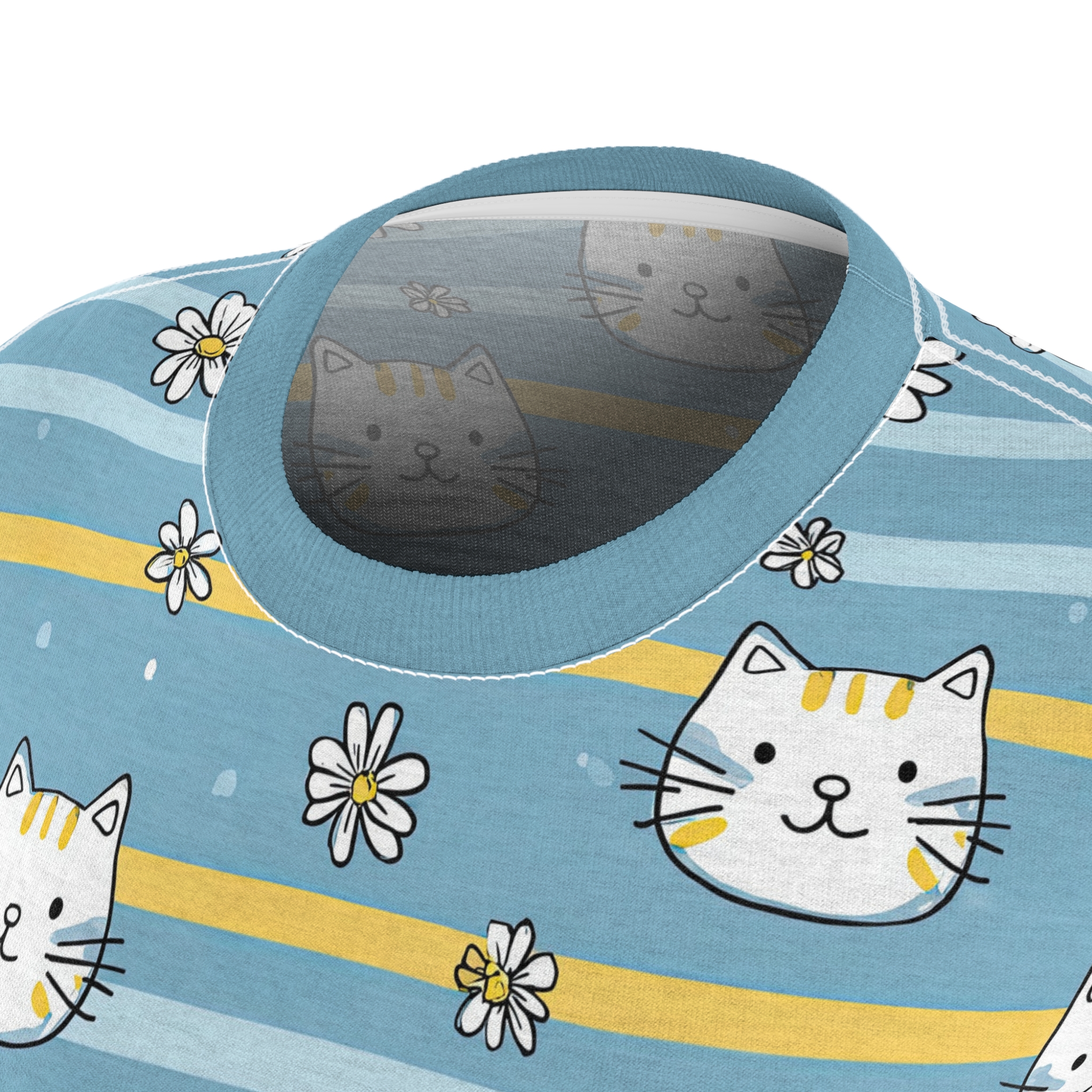 Cute Blue Cat Stripe Tee — Women's All-Over Print Cat & Daisy Shirt