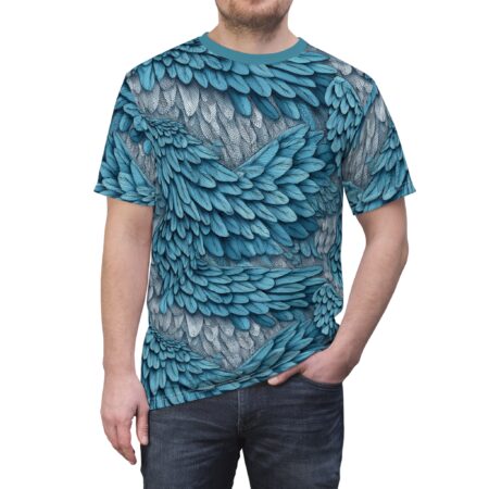 Vibrant Feather Wave Tee — All-Over Blue Feather Pattern – eye-catching full print casual top