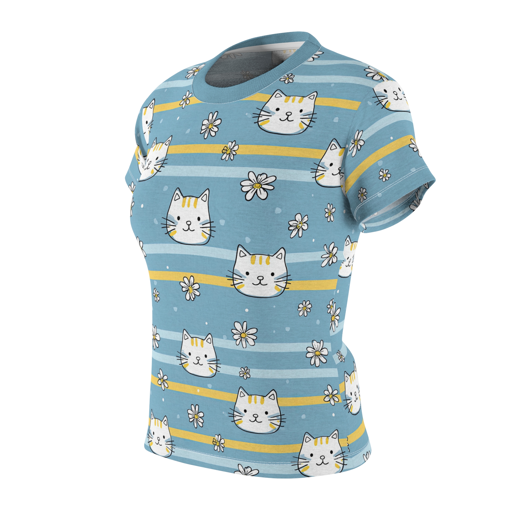 Cute Blue Cat Stripe Tee — Women's All-Over Print Cat & Daisy Shirt