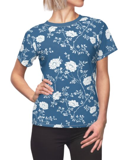 Floral Blue All-Over Print Women's Tee — Vintage White Rose Pattern