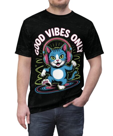 Good Vibes Only Cat Tee | Fun Unisex All Over Print Shirt, Perfect for Cat Lovers, Music Festivals, Casual Outings, Unique Gift Idea