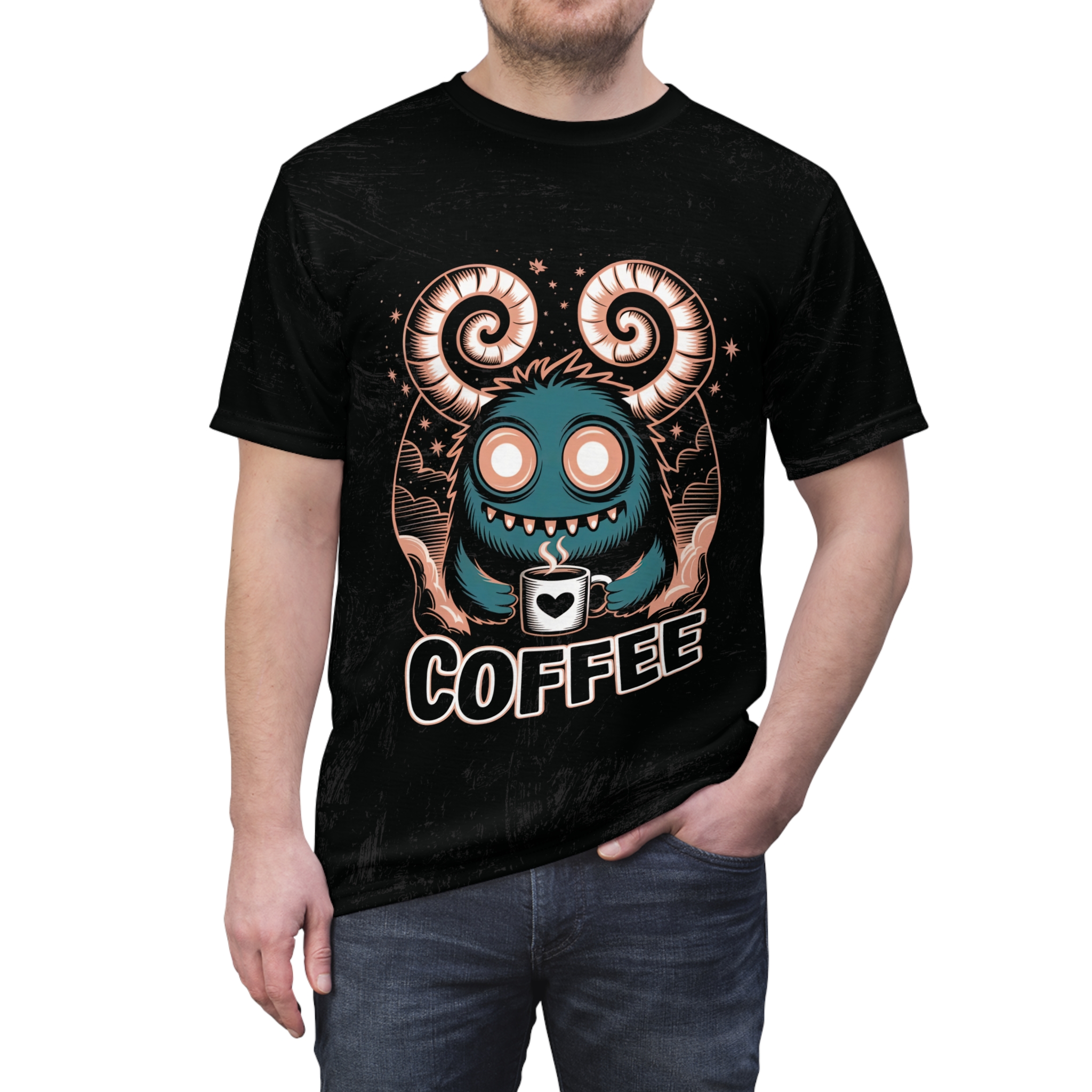 Coffee Monster Unisex Tee - Fun AOP Graphic T-Shirt for Coffee Lovers 2 - Toastedstyles.com All Over Print T-Shirts