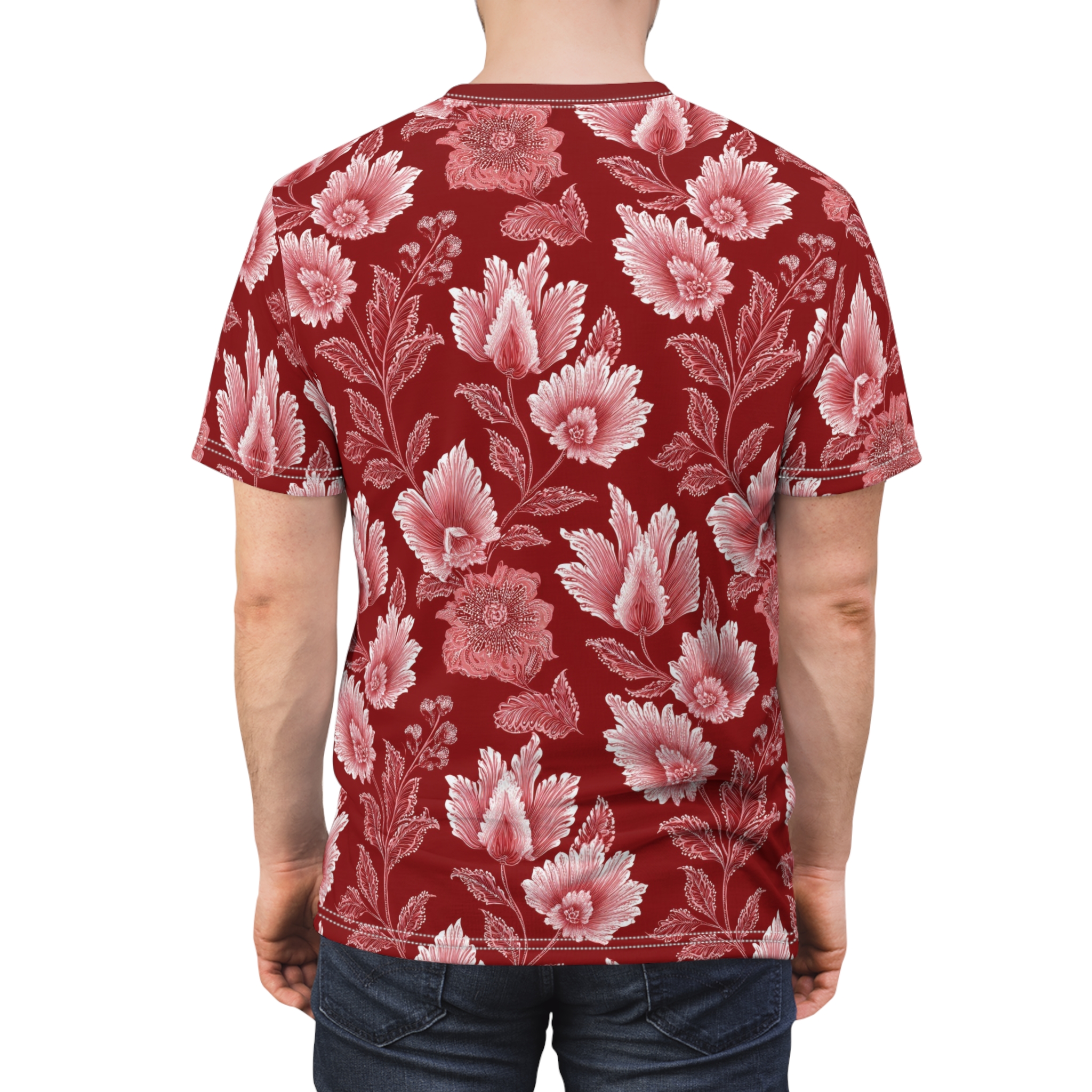 Red and white vintage rose patterns cover this full print shirt with a classic vibe.