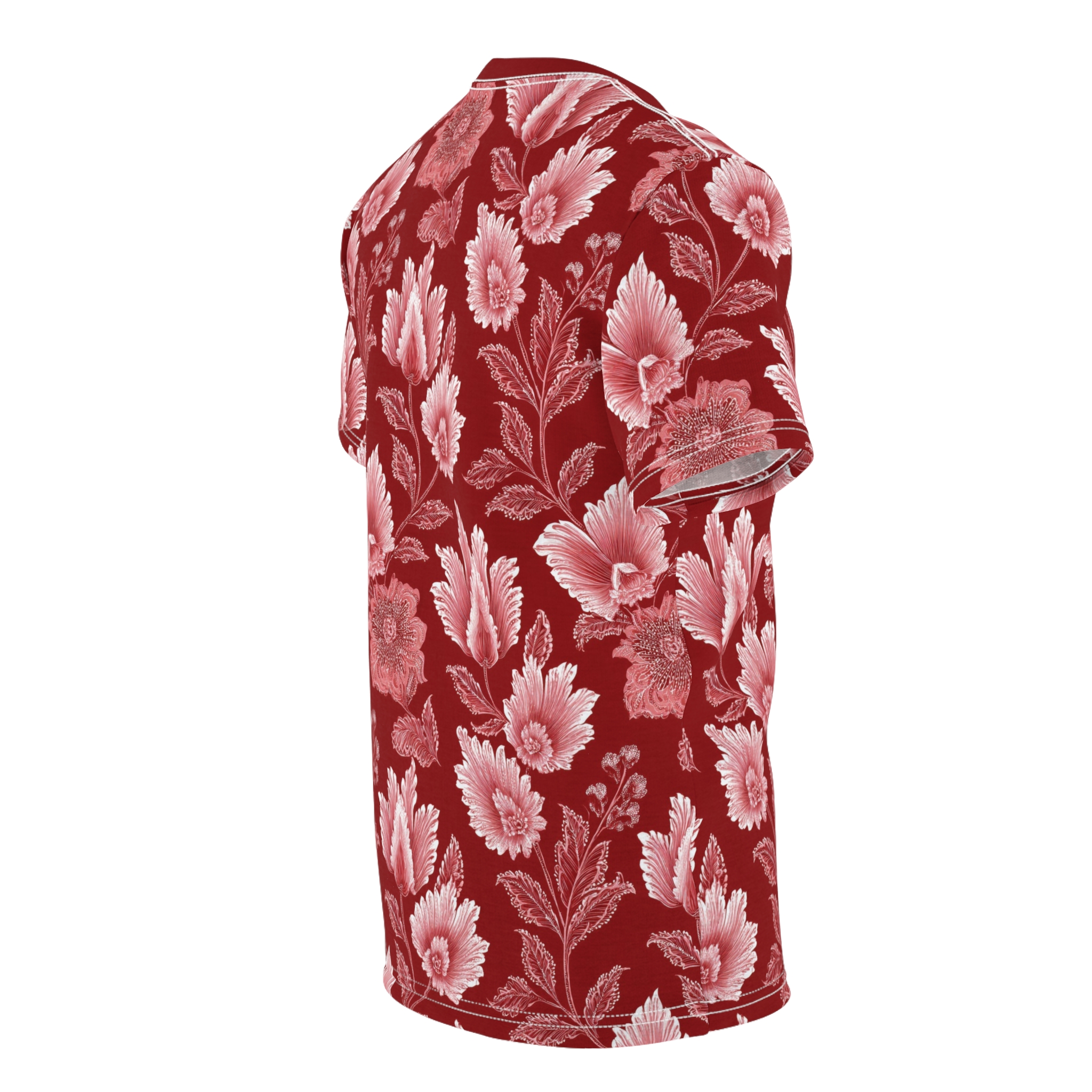 Detailed red and white floral and leaf patterns cover this seamless pattern tee with a vintage vibe.