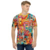Abstract doodle all over print sublimation tee, featuring a vibrant, colorful, geometric, and organic pattern with eyes and musical notes.