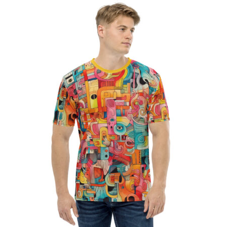Abstract doodle all over print sublimation tee, featuring a vibrant, colorful, geometric, and organic pattern with eyes and musical notes.