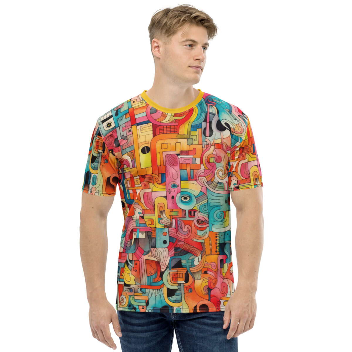 Abstract doodle all over print sublimation tee, featuring a vibrant, colorful, geometric, and organic pattern with eyes and musical notes.