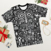 Black and white abstract doodle graphic sublimation tee featuring a repeating pattern of faces, symbols, and figures. All over print design.