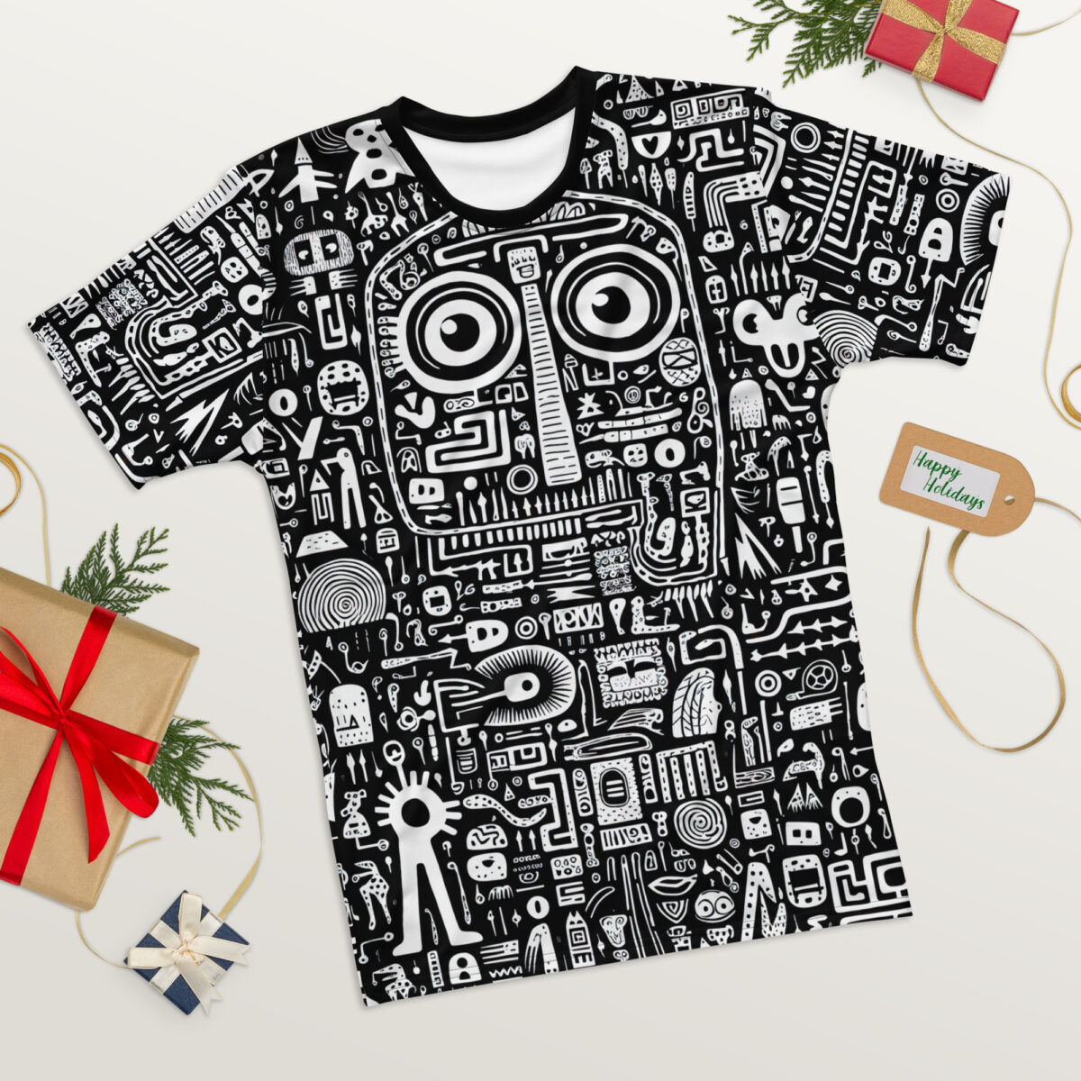 Black and white abstract doodle graphic sublimation tee featuring a repeating pattern of faces, symbols, and figures. All over print design.